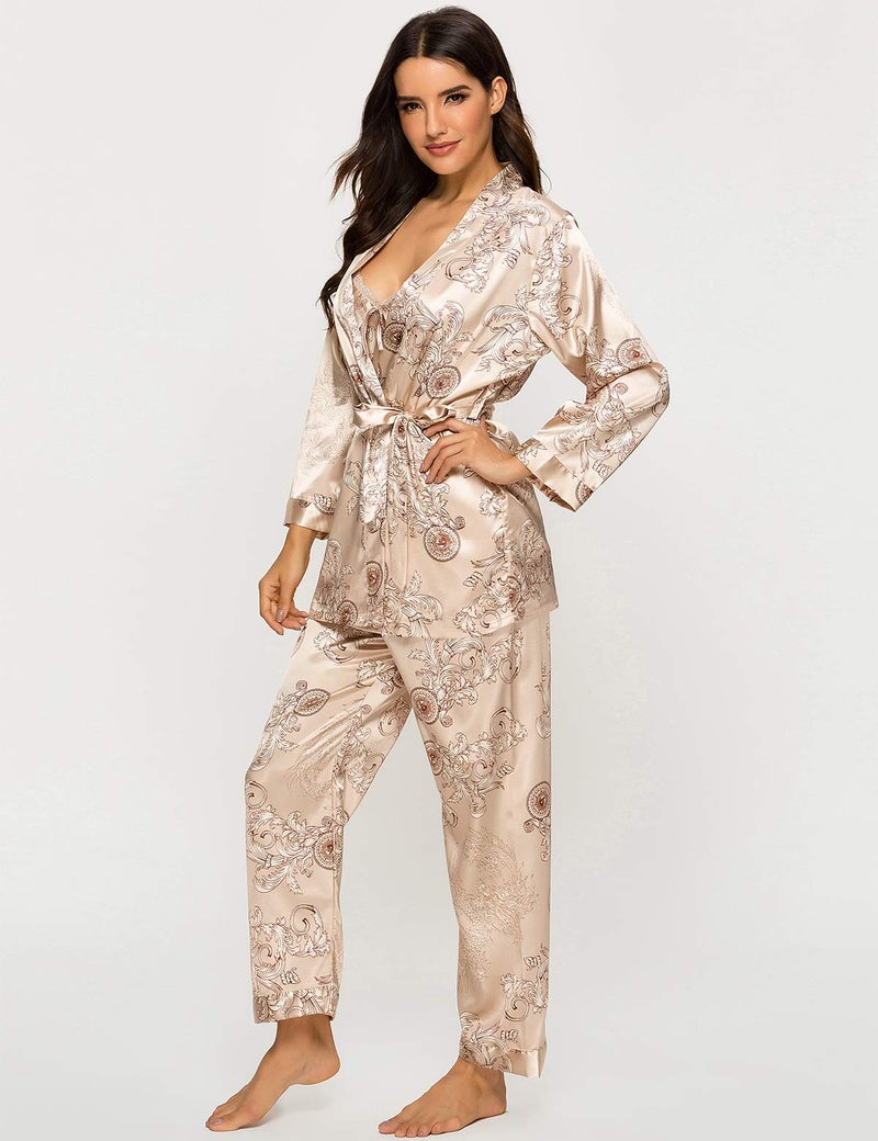 Escalier Women's Silk Satin Pajamas Set 3 Pcs Floral Silky Pj Sets Sleepwear Cami Nightwear with Robe and Pants Camel S - Image 4